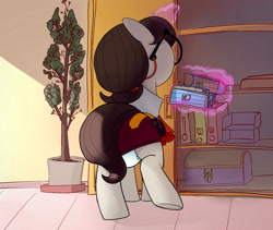 Size: 2350x1988 | Tagged: safe, artist:asdfasfasda, raven, pony, unicorn, g4, chest, clothes, diaper, diaper butt, diaper fetish, diaper under clothes, fetish, glasses, glowing, glowing horn, horn, indoors, levitation, magic, non-baby in diaper, potted plant, raised leg, rear view, shelf, skirt, skirt lift, solo, telekinesis