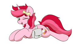 Size: 2160x1335 | Tagged: safe, artist:hcl, oc, oc only, oc:sugar rosa, pony, unicorn, bag, bow, chest fluff, eyebrows, eyebrows visible through hair, hair bow, looking at you, lying down, one eye closed, open mouth, open smile, prone, saddle bag, smiling, wink, winking at you