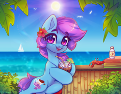 Size: 4000x3100 | Tagged: safe, alternate version, artist:radioaxi, oc, oc only, oc:nohra, crab, earth pony, pony, beach, coconut cup, commission, crepuscular rays, earth pony oc, eyebrows, eyebrows visible through hair, female, flower, flower in hair, high res, hoof hold, looking at you, mare, ocean, open mouth, open smile, outdoors, sky, smiling, smiling at you, solo, summer, sun, water, ych result