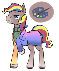 Size: 1360x1628 | Tagged: safe, artist:multiverseequine, derpibooru exclusive, oc, oc only, oc:palette swirl, earth pony, pony, bottomless, clothes, colorful, cutie mark, earth pony oc, freckles, full body, jacket, male, multicolored hair, rainbow hair, raised hoof, shiny, simple background, solo, toothpaste hair, transparent background, turtleneck, unimpressed