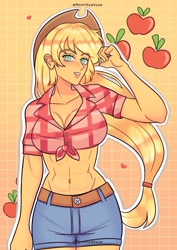 Size: 852x1205 | Tagged: safe, artist:romihyakuya, applejack, human, g4, abs, belly button, breasts, busty applejack, female, front knot midriff, humanized, midriff, outline, solo, white outline