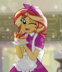 Size: 4944x5760 | Tagged: safe, artist:cryptid-creations, artist:emeraldblast63, sunset shimmer, human, equestria girls, g4, apron, battenberg cake, cake, clothes, cute, female, food, headband, looking at you, one eye closed, open clothes, open shirt, solo, waitress, wink, winking at you