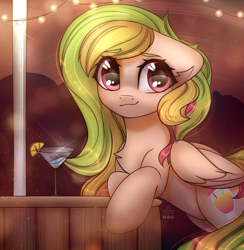 Size: 2220x2271 | Tagged: safe, artist:radioaxi, oc, oc only, oc:fruity extra, pegasus, pony, alcohol, chest fluff, cocktail, cocktail glass, colored eyebrows, commission, drink, eye clipping through hair, eyebrows, eyebrows visible through hair, female, folded wings, food, high res, lemon, looking at you, mare, pegasus oc, smiling, smiling at you, solo, string lights, wings, ych result