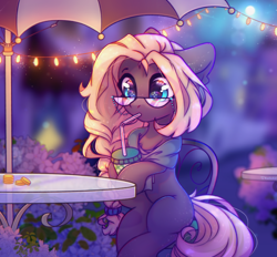 Size: 3345x3100 | Tagged: safe, artist:radioaxi, oc, oc only, oc:libra lavanda, earth pony, pony, bendy straw, bubble tea, chair, clothes, coin, commission, drink, drinking, drinking straw, earth pony oc, eyebrows, female, glasses, high res, mare, outdoors, scarf, sitting, solo, string lights, table, umbrella, ych result