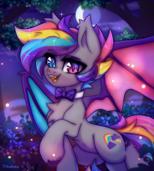 Size: 2786x3100 | Tagged: safe, artist:radioaxi, oc, oc only, bat pony, pony, bat pony oc, bat wings, bowtie, chest fluff, cloud, eye clipping through hair, eyebrows, eyebrows visible through hair, fangs, female, full moon, glowworm, heterochromia, high res, looking at you, mare, moon, multicolored hair, night, night sky, open mouth, open smile, outdoors, rainbow hair, rainbow tail, raised hoof, shrub, sky, slit pupils, smiling, smiling at you, solo, spread wings, tail, tree, wings