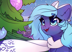Size: 3569x2565 | Tagged: safe, artist:radioaxi, oc, oc only, pony, christmas, christmas tree, clothes, colored eyebrows, commission, eyebrows, eyebrows visible through hair, high res, holiday, open mouth, open smile, scarf, smiling, solo, tree