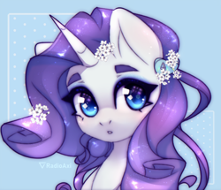 Size: 3223x2775 | Tagged: safe, artist:radioaxi, rarity, pony, unicorn, g4, bust, colored eyebrows, cute, eyebrows, female, flower, flower in hair, high res, horn, looking at you, mare, raribetes, solo