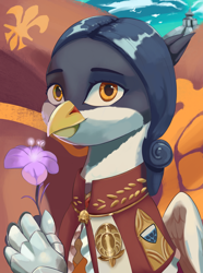 Size: 2340x3150 | Tagged: safe, artist:fly over, oc, oc:geneviève volière, griffon, equestria at war mod, bust, female, flag, flower, griffon oc, high res, looking away, portrait, solo