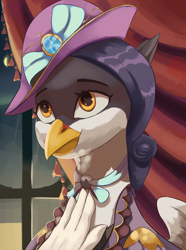 Size: 2340x3150 | Tagged: safe, artist:fly over, oc, oc:geneviève volière, griffon, equestria at war mod, bust, clothes, dress, female, gloves, griffon oc, hat, high res, looking up, night, portrait, ribbon, window