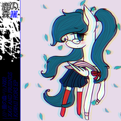 Size: 1500x1500 | Tagged: dead source, safe, artist:lovelydreams14, oc, oc only, oc:xavi, pegasus, pony, abstract background, album cover, blushing, chromatic aberration, clothes, female, glasses, leaves, looking at you, mare, meganekko, pigtails, raised hoof, sailor uniform, skirt, solo, stockings, thigh highs, twintails, uniform