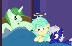 Size: 5318x3391 | Tagged: safe, artist:equestria secret guard, oc, oc only, oc:miss yin, oc:nihaicreeper, oc:seven sister, oc:银小姐, earth pony, pony, unicorn, bed, bedroom, earth pony oc, female, horn, male, mare, on bed, pony oc, stallion, trio, unicorn oc