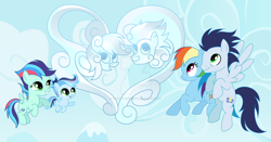 Size: 1024x536 | Tagged: safe, artist:velveagicsentryyt, rainbow dash, soarin', oc, oc:prisdale, oc:rainbow blitzes, pony, g4, cloud, colt, female, filly, foal, male, offspring, parent:rainbow dash, parent:soarin', parents:soarindash, ship:soarindash, shipping, straight