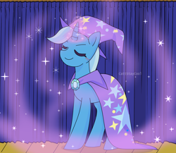 Size: 4000x3474 | Tagged: safe, artist:cattstaycool, trixie, pony, unicorn, g4, cape, clothes, eyes closed, female, glowing, glowing horn, hat, horn, magic, mare, smiling, stage, trixie's cape, trixie's hat