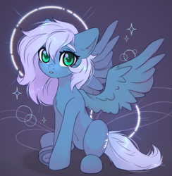 Size: 2335x2388 | Tagged: safe, artist:radioaxi, oc, oc only, oc:vesperal breeze, pegasus, pony, abstract background, belly, belly button, colored eyebrows, eyebrows, female, halo, high res, looking at you, mare, pegasus oc, sitting, solo, spread wings, underhoof, wings