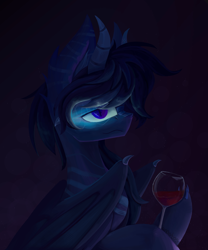 Size: 2500x3000 | Tagged: safe, artist:anastas, oc, oc only, bat pony, hybrid, blue coat, blue mane, bust, claws, commission, glass, glowing, glowing eyes, high res, horns, looking at you, portrait, simple background, smiling, solo, stripes, wine glass, wings
