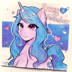 Size: 2448x2448 | Tagged: safe, artist:xiaowu07, izzy moonbow, pony, unicorn, g5, cute, female, high res, izzybetes, looking at you, mare, smiling, solo, traditional art
