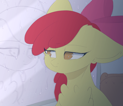 Size: 3700x3200 | Tagged: safe, artist:eventseem, apple bloom, earth pony, pony, g4, female, floppy ears, high res, mare, rain, sad, solo, window