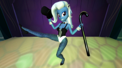 Size: 1920x1080 | Tagged: safe, artist:oatmeal!, trixie, human, equestria girls, g4, 3d, bare shoulders, breasts, cane, canterlot high, cleavage, clothes, dancing, fishnet stockings, gmod, hat, high heels, legs in air, looking at you, performance, shoes, solo, spotlight, stage, tap dancing, top hat, vest