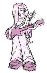 Size: 643x994 | Tagged: safe, artist:fluttershyes, fluttershy, human, g4, electric guitar, guitar, hair over one eye, humanized, musical instrument, simple background, solo, white background, winged humanization, wings