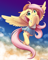 Size: 1600x2000 | Tagged: safe, artist:symbianl, gameloft, fluttershy, pegasus, pony, g4, 90s grunge fluttershy, backwards ballcap, baseball cap, cap, clothes, colored eyebrows, cute, eyebrows, female, floppy ears, flying, gameloft interpretation, hat, looking at you, mare, shyabetes, skirt, sky, solo, spread wings, wings