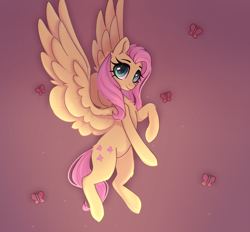 Size: 1948x1807 | Tagged: safe, artist:_alixxie_, fluttershy, butterfly, pegasus, pony, g4, chest fluff, cute, eyebrows, female, gradient background, looking at you, mare, raised hoof, shyabetes, smiling, smiling at you, solo, spread wings, three quarter view, wings