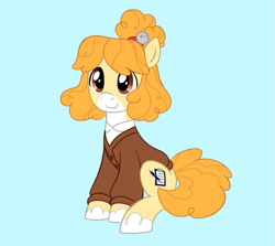 Size: 975x871 | Tagged: safe, artist:fluttershyes, earth pony, pony, animal crossing, blue background, isabelle, ponified, simple background, solo