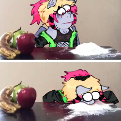 Size: 508x506 | Tagged: safe, artist:aestheticdork, edit, oc, oc only, oc:batty bliss, bat pony, anthro, apple, banana, blood, cocaine, drugs, food, meme, nosebleed, sesame street, shitposting, solo