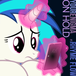 Size: 1080x1080 | Tagged: safe, artist:krazy3, dj pon-3, vinyl scratch, pony, unicorn, g4, cellphone, close-up, female, glowing, glowing horn, hooves on the table, horn, implied octavia melody, levitation, magic, mare, phone, sad, simple background, smartphone, solo, song cover, telekinesis, vector