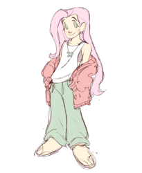 Size: 640x781 | Tagged: safe, artist:fluttershyes, fluttershy, human, g4, clothes, hoodie, humanized, long hair, male, simple background, solo, tank top, trans fluttershy, trans male, transgender, transmasculine, white background