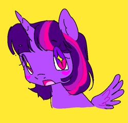 Size: 891x856 | Tagged: safe, artist:fluttershyes, twilight sparkle, alicorn, pony, g4, eyestrain warning, female, mare, simple background, solo, sparkly eyes, twilight sparkle (alicorn), wingding eyes, yellow background