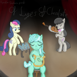 Size: 600x600 | Tagged: safe, artist:zorg, bon bon, lyra heartstrings, octavia melody, sweetie drops, earth pony, pony, unicorn, g4, 2011, album cover, bipedal, eyes closed, female, glass harp, lyre, mare, musical instrument, sad, sitting, stage, trio, violin