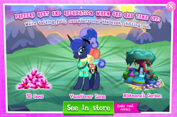 Size: 1958x1302 | Tagged: safe, gameloft, princess luna, alicorn, pony, g4, my little pony: magic princess, official, advertisement, bag, bush, clothes, costs real money, english, female, folded wings, gem, horn, introduction card, lilypad, mare, mobile game, numbers, ponytail, sale, shirt, solo, text, tree, wings