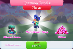 Size: 1268x858 | Tagged: safe, gameloft, princess luna, alicorn, pony, g4, my little pony: magic princess, official, bag, bundle, bush, clothes, costs real money, english, female, folded wings, gem, horn, lilypad, mare, mobile game, numbers, ponytail, sale, shirt, solo, text, tree, wings