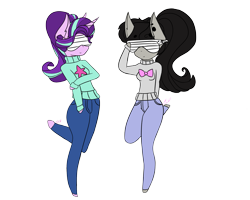 Size: 2067x1654 | Tagged: safe, artist:lovelydreams14, octavia melody, starlight glimmer, earth pony, unicorn, anthro, unguligrade anthro, g4, clothes, commission, denim, duo, female, jeans, pants, shutter shades, simple background, smiling, standing, standing on one leg, sunglasses, sweater, transparent background