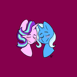 Size: 2160x2160 | Tagged: safe, artist:galaxysquid, starlight glimmer, trixie, pony, unicorn, g4, blushing, bust, duo, eyes closed, female, high res, horn, horns are touching, mare, portrait, purple background, simple background, smiling