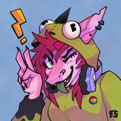 Size: 1500x1500 | Tagged: safe, artist:fizzlesoda2000, shark, anthro, antonymph, vylet pony, blue background, breasts, bust, clothes, colored tongue, ear piercing, earring, exclamation point, female, furry, gir, green tongue, headphones, hoodie, invader zim, jewelry, looking at you, mare, one eye closed, pansexual pride flag, peace sign, piercing, pride, pride flag, pride flag pin, sharp nails, simple background, solo, tongue out, wink