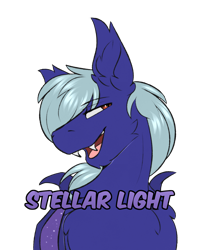 Size: 1260x1560 | Tagged: safe, artist:snowstormbat, oc, oc only, oc:stellar light, bat pony, badge, con badge, fangs, male, simple background, smiling, smug, solo, transparent background