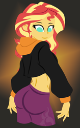 Size: 3452x5497 | Tagged: safe, artist:egor418, sunset shimmer, human, equestria girls, g4, ass, bunset shimmer, butt, clothes, cute, cutie mark on clothes, female, gradient background, hoodie, lineless, looking at you, looking back, orange background, pants, shimmerbetes, smiling, smiling at you, solo
