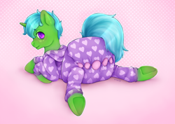 Size: 3508x2480 | Tagged: safe, artist:kirari_chan, oc, oc only, oc:green byte, pony, unicorn, advertisement, blushing, commission, commission info, cute, diaper, diaper fetish, diaper under clothes, fetish, full body, fully shaded, heart, high res, horn, impossibly large diaper, looking at you, looking back, looking back at you, lying down, non-baby in diaper, onesie, poofy diaper, prone, rear view, shy, simple background, smiling, solo, unicorn oc