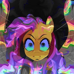 Size: 1024x1024 | Tagged: safe, artist:aztrial, fluttershy, pegasus, pony, g4, close-up, eyestrain warning, female, looking at you, mare, shrunken pupils, solo, spread wings, stare, the stare, wings