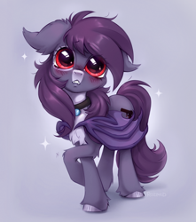 Size: 1878x2120 | Tagged: safe, artist:rozmed, oc, oc only, oc:pestyskillengton, bat pony, pony, blushing, collar, cute, embarrassed, eye clipping through hair, female, mare, shy, solo, wings