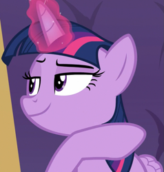 Size: 685x719 | Tagged: safe, screencap, twilight sparkle, alicorn, pony, g4, season 9, the beginning of the end, chair, cropped, eyebrows, female, glowing, glowing horn, horn, magic, mare, pointing, raised eyebrow, smiling, smirk, smug, smuglight sparkle, solo, telekinesis, twilight sparkle (alicorn)