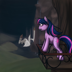 Size: 1024x1024 | Tagged: safe, artist:ksteinhoff, twilight sparkle, pony, unicorn, g4, bad end, bags under eyes, balcony, canterlot castle, female, leaning, mare, open mouth, ruins, sad, solo, unicorn twilight