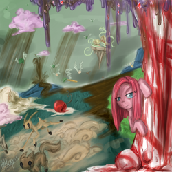 Size: 1024x1024 | Tagged: safe, artist:hnkkorgris, pinkie pie, earth pony, fox, girabbit, pony, rabbit, g4, bad end, black sclera, broccoli, candy, candy cane, carrot, chaos, cherry, chocolate, chocolate rain, discorded landscape, female, flying vegetables, food, frosting, looking at you, mare, onion, pinkamena diane pie, rain, scenery, solo, stampede, tree, vegetables, volcano