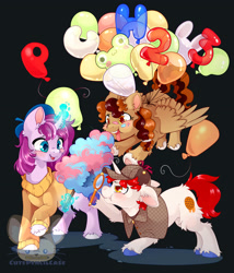 Size: 2126x2480 | Tagged: safe, artist:cutepencilcase, oc, oc only, oc:fan brush, oc:poffertje, oc:stroopwafeltje, pegasus, pony, unicorn, balloon, high res, horn, pegasus oc, ponycon holland, solo, trio, unicorn oc