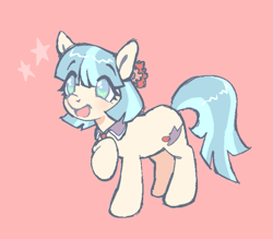 Size: 721x631 | Tagged: safe, artist:fluttershyes, coco pommel, earth pony, pony, g4, cocobetes, cute, female, happy, mare, open mouth, open smile, raised hoof, red background, simple background, smiling, solo, stars