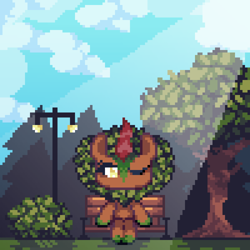 Size: 900x900 | Tagged: safe, artist:mariothepixelarter, cinder glow, summer flare, kirin, semi-anthro, g4, arm hooves, bench, crepuscular rays, female, looking at you, one eye closed, pixel art, solo, streetlight, tree