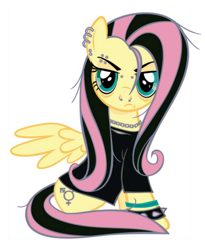 Size: 828x1009 | Tagged: safe, edit, editor:fluttershyes, vector edit, fluttershy, pegasus, pony, g4, alternate cutie mark, bloodshot eyes, chains, clothes, dyed mane, dyed tail, ear piercing, emo, emoshy, eyebrow piercing, nose piercing, piercing, shirt, simple background, solo, spiked wristband, spread wings, tail, trans fluttershy, transgender, transgender symbol, vector, white background, wings, wristband