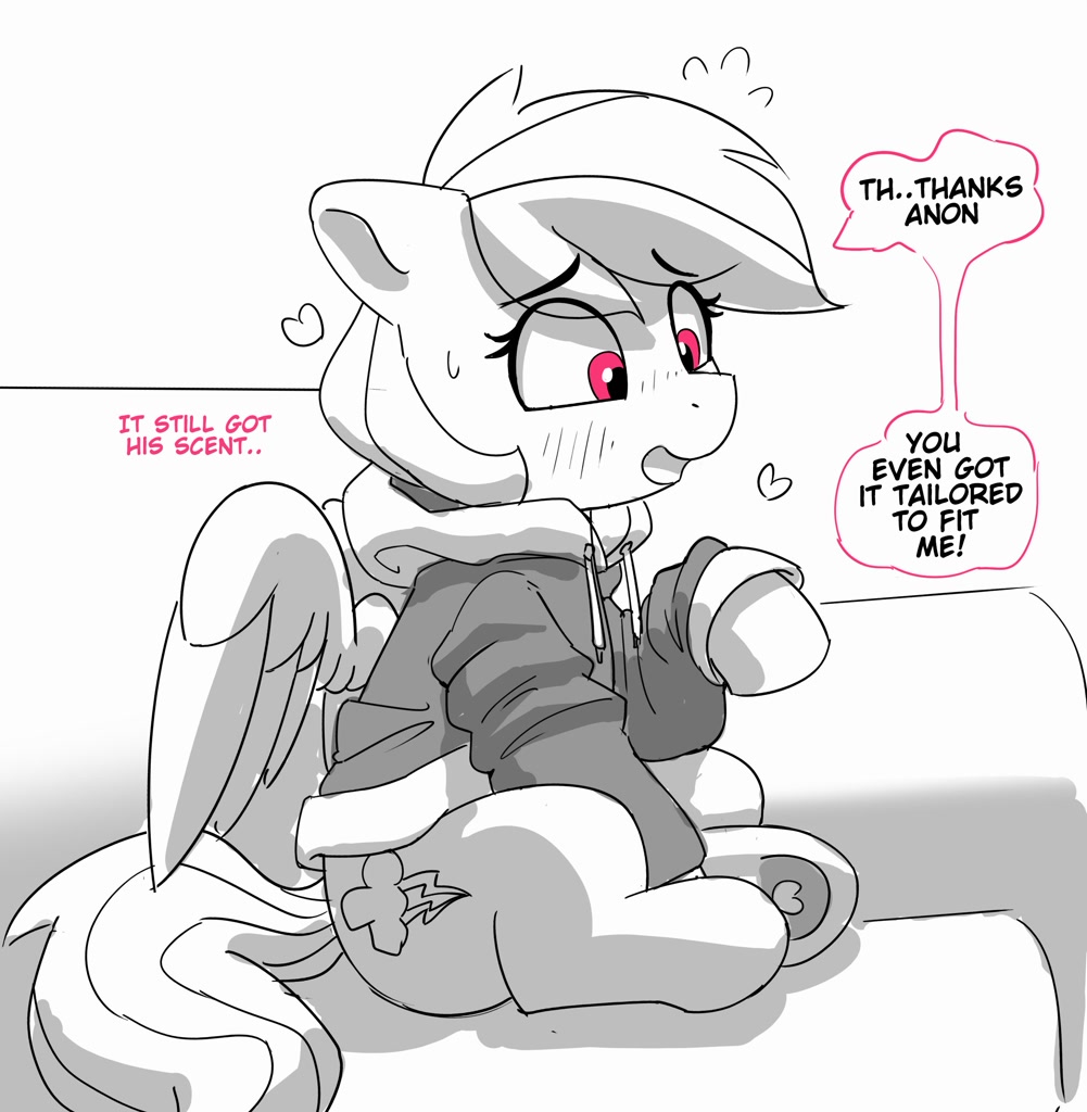 [blushing,clothes,couch,cute,dialogue,eyebrows,female,grayscale,hoodie,mare,monochrome,pegasus,pony,rainbow dash,safe,simple background,sitting,solo,speech bubble,white background,implied anon,dashabetes,underhoof,partial color,eye clipping through hair,emanata,plewds,artist:pabbley,eyebrows visible through hair,hoof heart,blush lines]