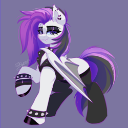 Size: 2000x2000 | Tagged: safe, artist:skyboundsiren, oc, oc only, oc:moonstone, bat pony, pony, choker, clothes, ear piercing, earring, eyeshadow, female, high res, jewelry, makeup, piercing, punk, sketch, smiling, smug, solo, spiked choker, spiked wristband, stockings, thigh highs, vest, wristband